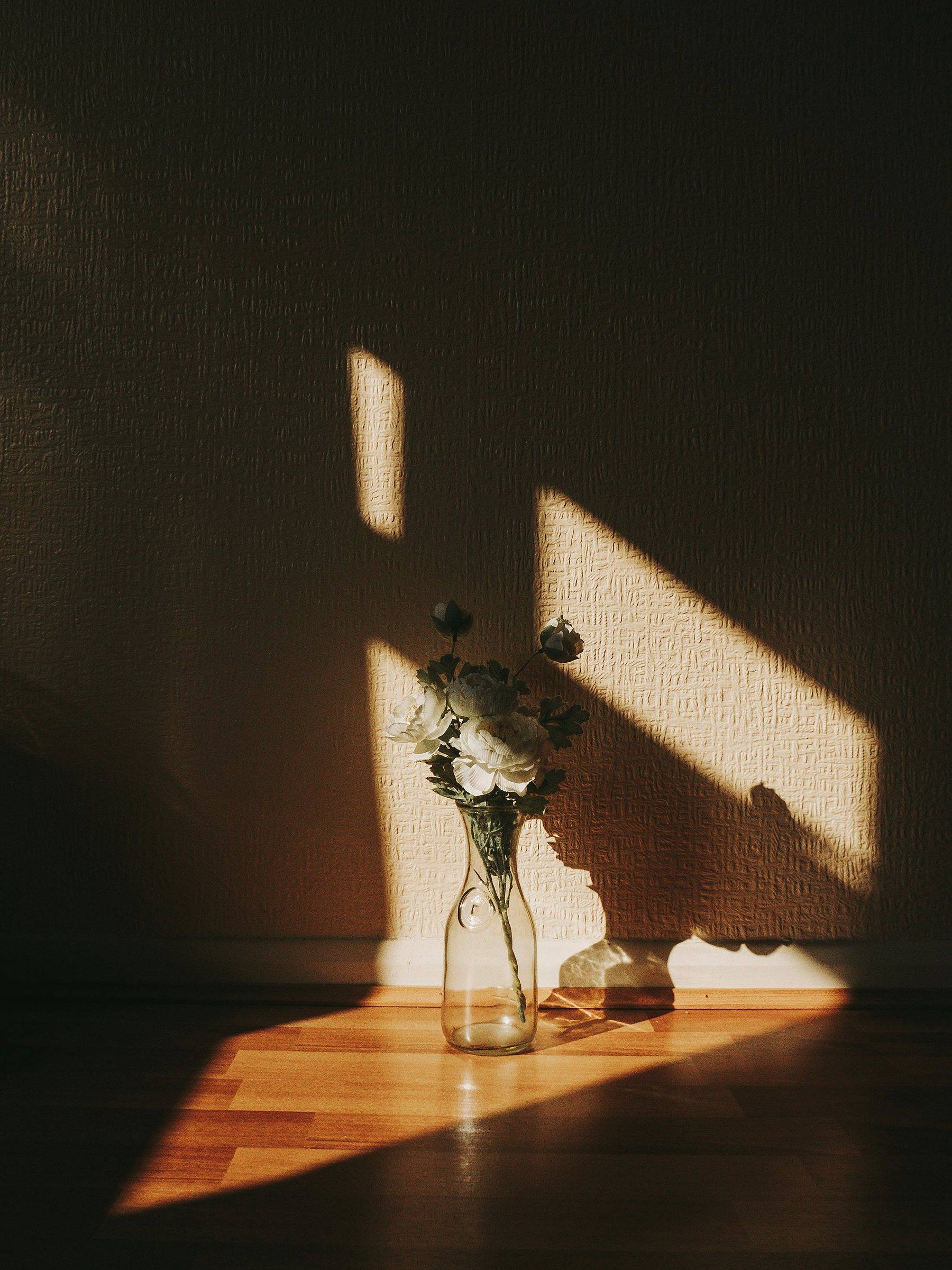 A small vase of flowers on a wooden floor in a slant of evening light